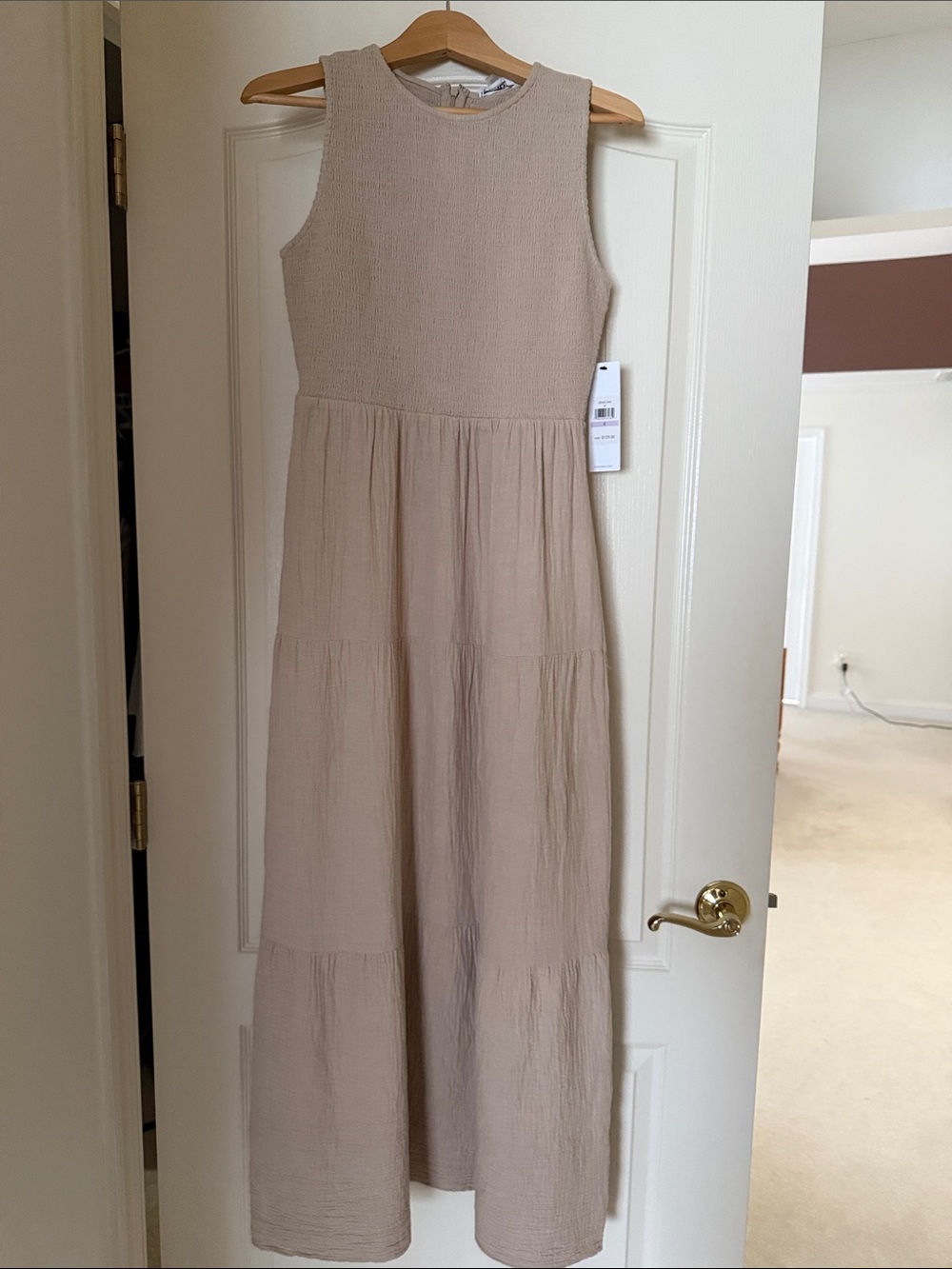 Calvin Klein Sleeveless Tiered Maxi Dress in Beige